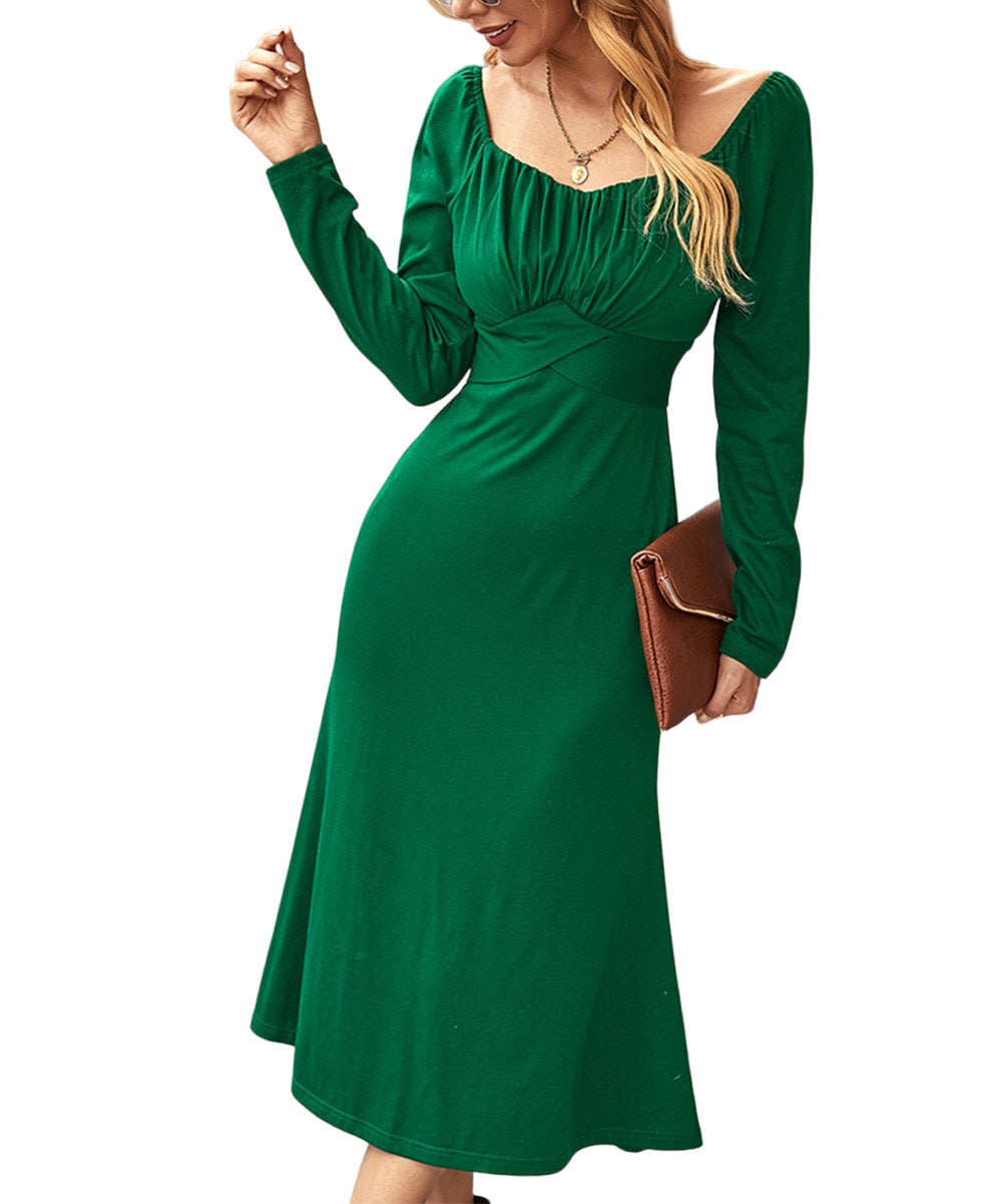Gaovot Green Gathered Neck Cross Waist Midi Dress Size M