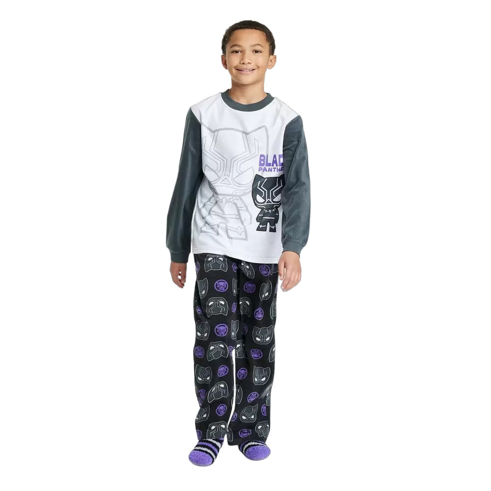 Boys Marvel Black Panther Pajama Set with Cozy Socks Gray Size S