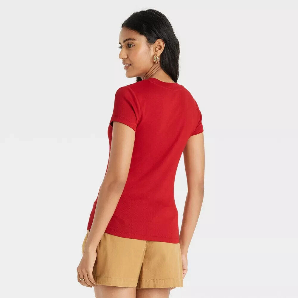 Women's Short Sleeve Slim Fit Ribbed T-Shirt A New Day Red L