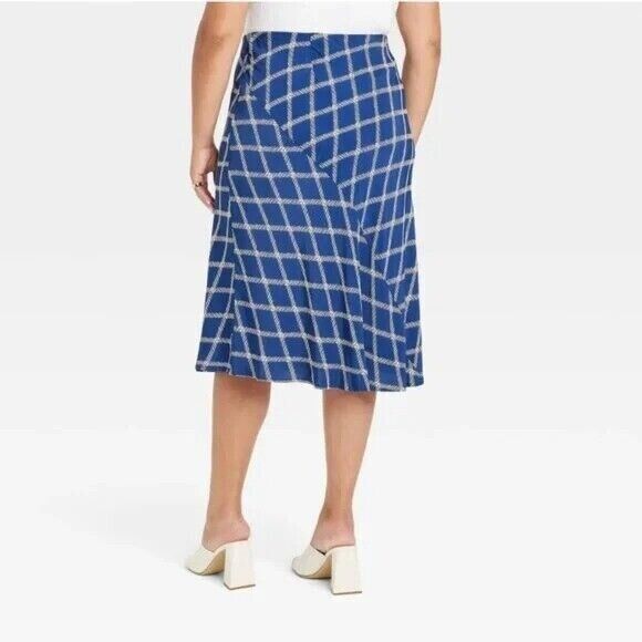 Women's Plus Size Bias Midi Skirt  Ava & Viv Blue Plaid 1X