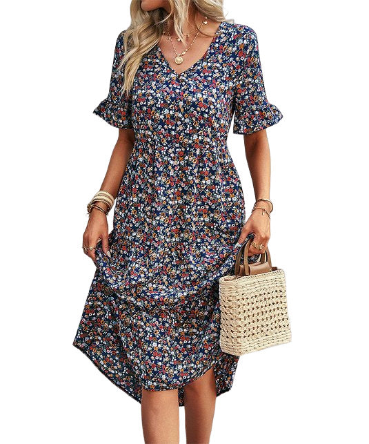 Elings Navy Floral Ruffle V Neck Puff Sleeve Midi Dress Women Size M