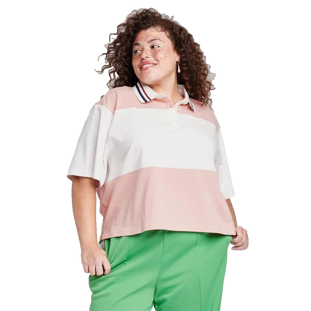 Women s Plus Size Short Sleeve Rugby Shirt Wild Fable Pink 4X