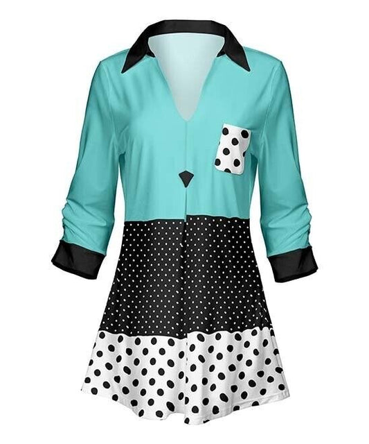 Turquoise & Black Dots Color Block Pocket Collared Three-Quarter Size XL/16