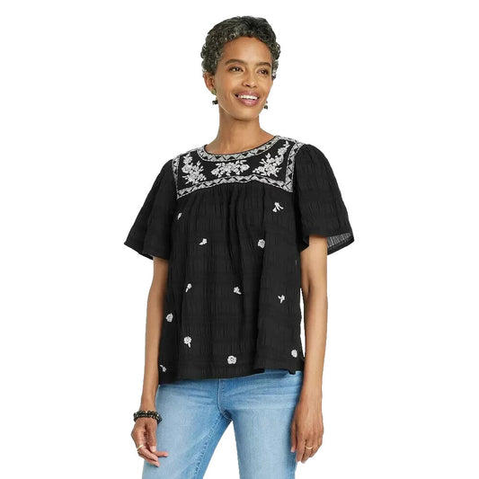 Women's Flutter Short Sleeve Embroidered Top - Knox Rose Black XS