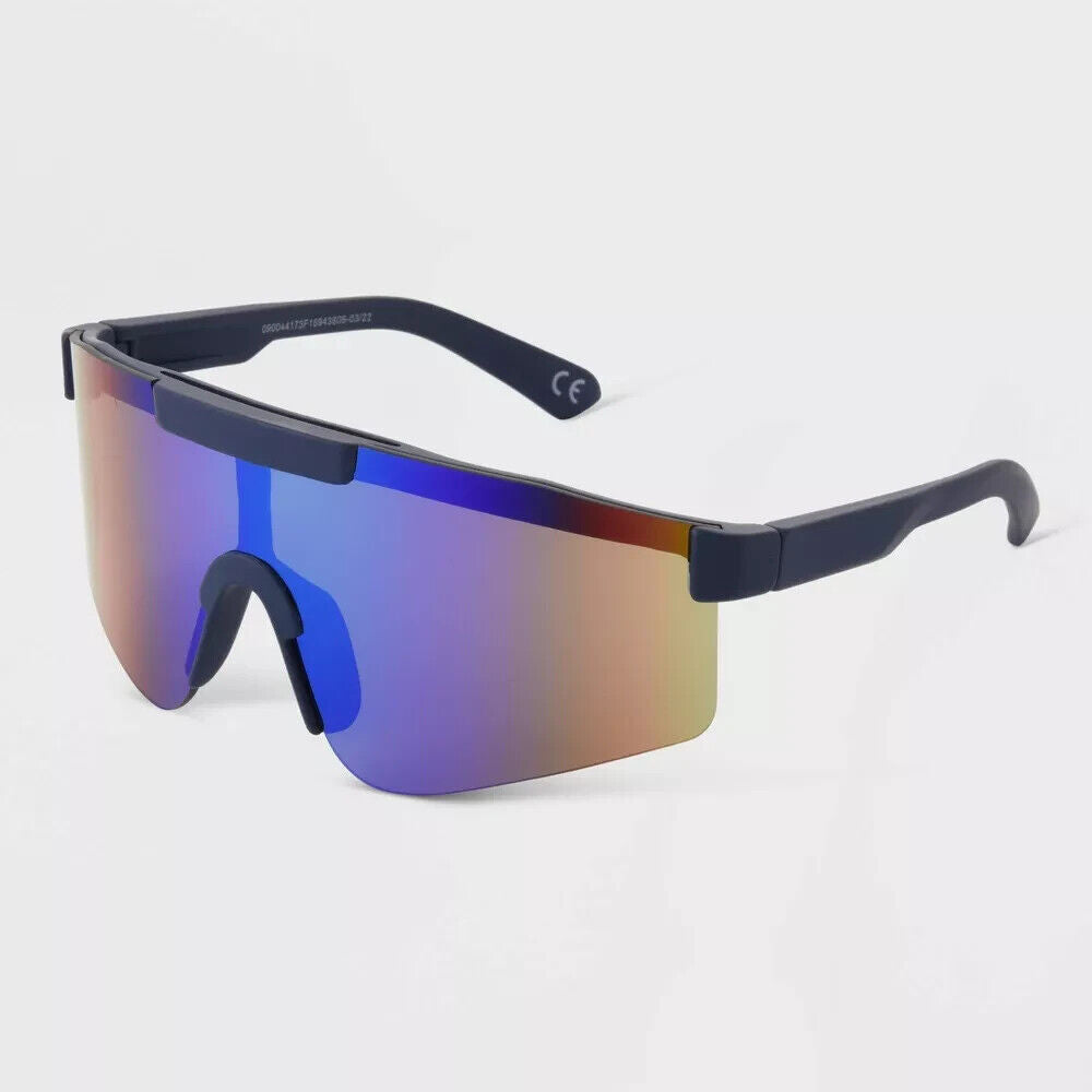 Men's Matte Plastic Blade Shield Sunglasses with Blue/Green Lenses  All in Moti