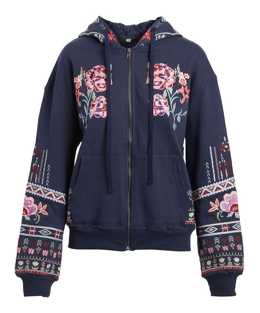 KOMILI Blue Floral Embroidery Zip Up Hoodie  Women & Plus Size M