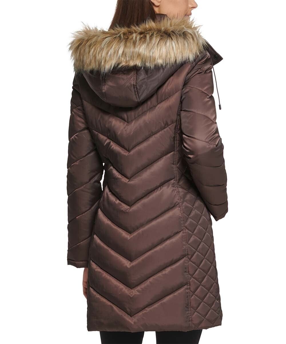 Kenneth Cole Dark Roast Faux Fur-Trim Hooded Puffer Coat Size L