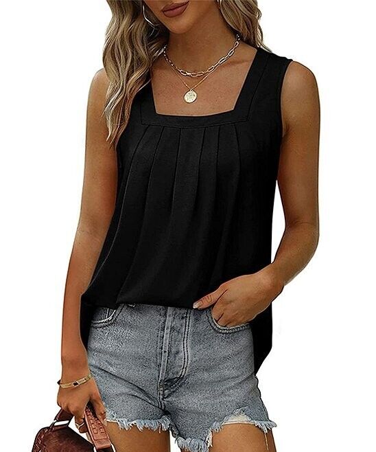 Lapentry Black Pleated Square Neck Tank Size M