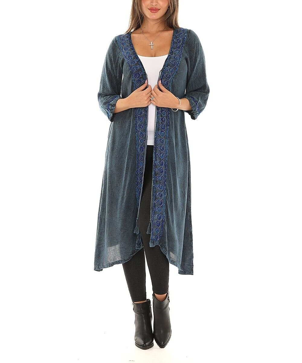 Blue Sequin Accent Embroidered Three-Quarter Sleeve Duster Size 2X