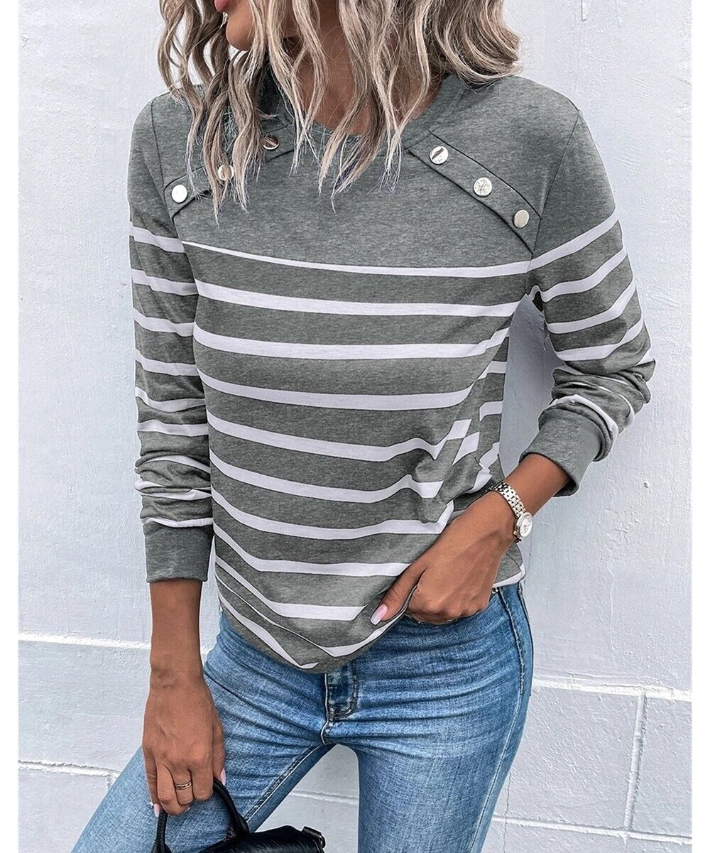 Gray & White Stripe Button-Snap Long-Sleeve Top Size M