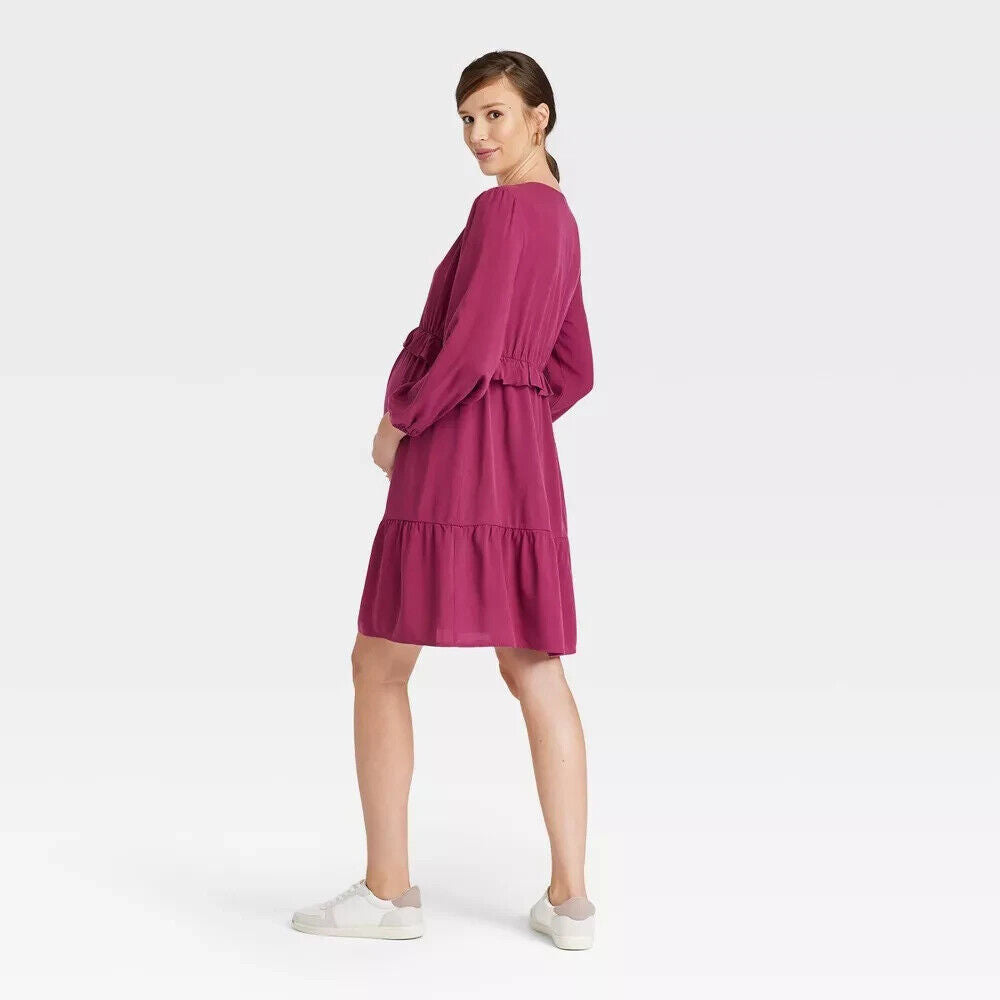 Long Sleeve Ruffle Waist Woven Maternity Dress - Isabel Maternity by Ingrid XL