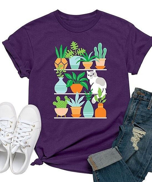 Instant Message Womens Purple Succulents Cat Shelves Boyfriend Tee Women Size M