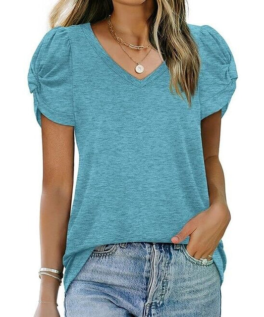 Lapentry Lake Blue Twist Accent Puff-Sleeve V Neck Tee Size M