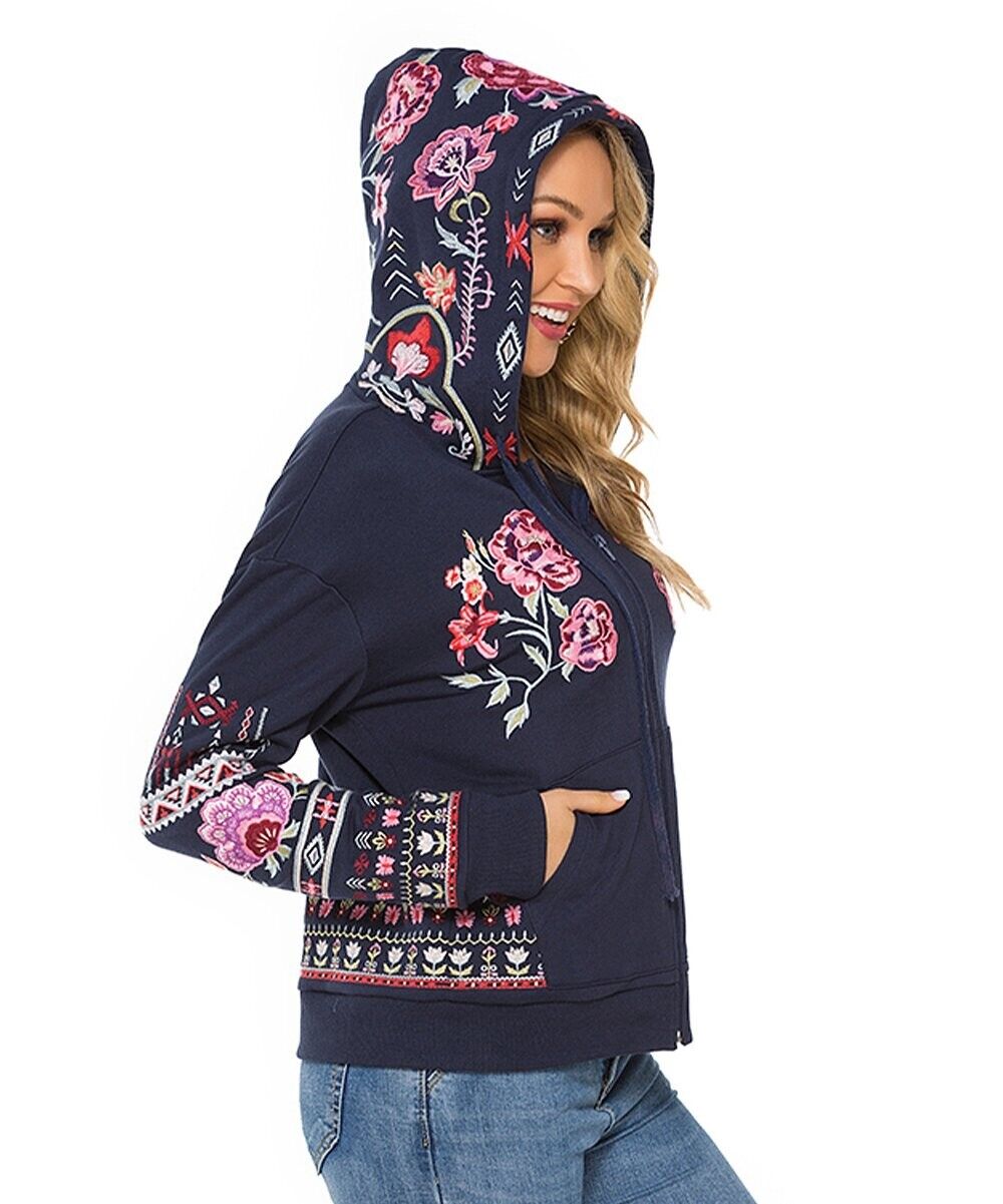 KOMILI Blue Floral Embroidery Zip Up Hoodie  Women & Plus Size M