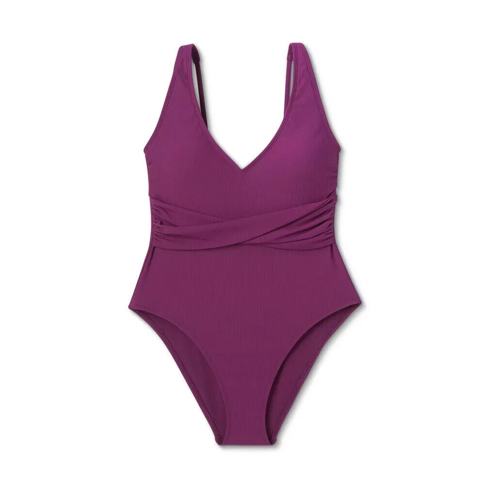 Women's Ribbed Plunge Twist Front One Piece Swimsuit  Shade & Shore Purple S