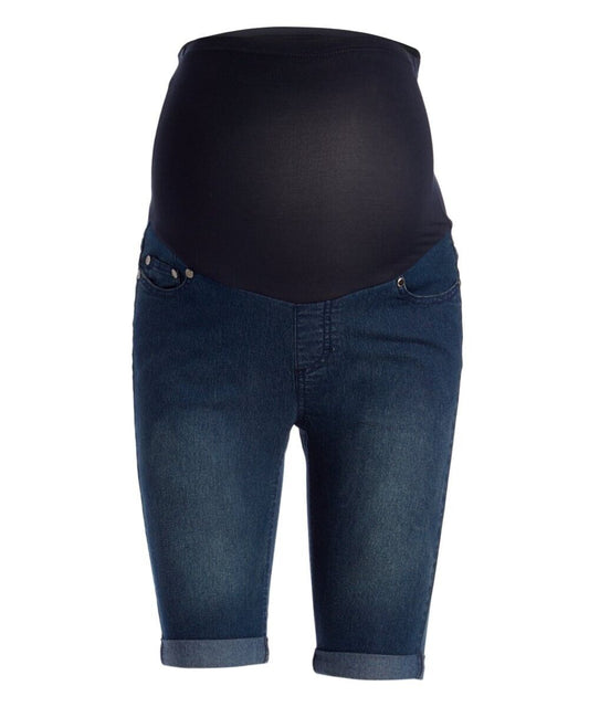 Times 2 | Medium Wash Cuffed Over-Belly Maternity Jean Bermuda Shorts - Size L