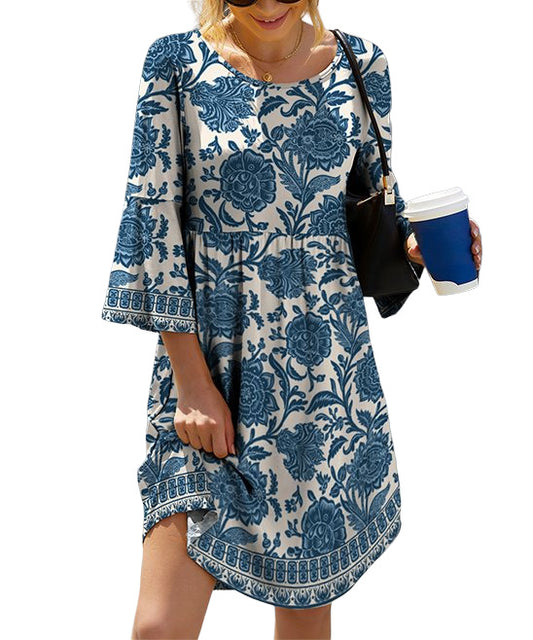 IZURIA Blue Floral Three-Quarter Bell-Sleeve Empire-Waist Dress Size 3X