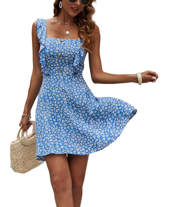 Della Mel Blue&White Floral Button Accent Ruffle Strap Sleeveless Dress Size S
