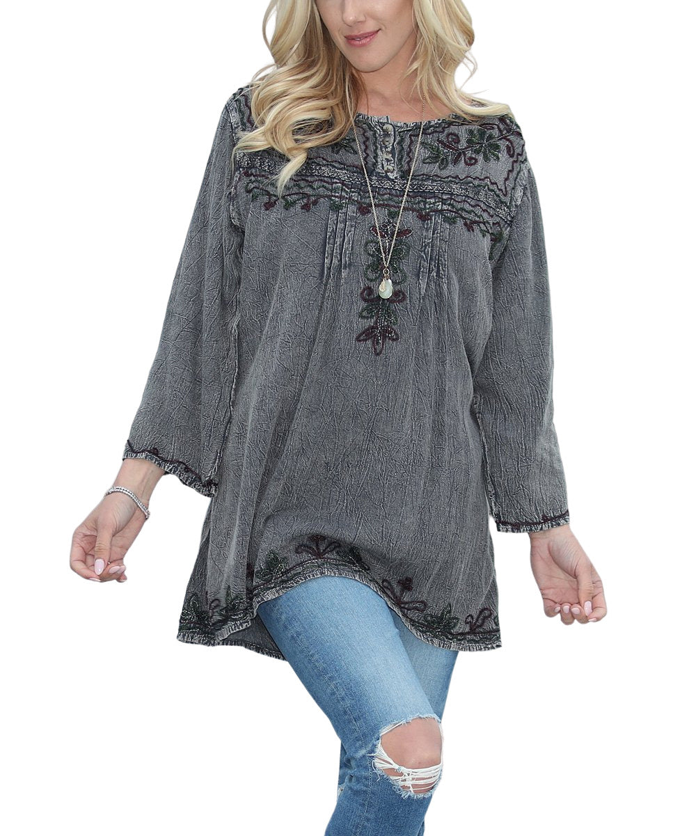 Gray & Dark Green Floral Embroidered Button Up Tunic Size (one size)