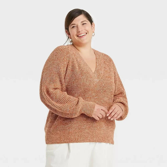 Women's Plus Size V-Neck Pullover Sweater - A New Day Rust 3X