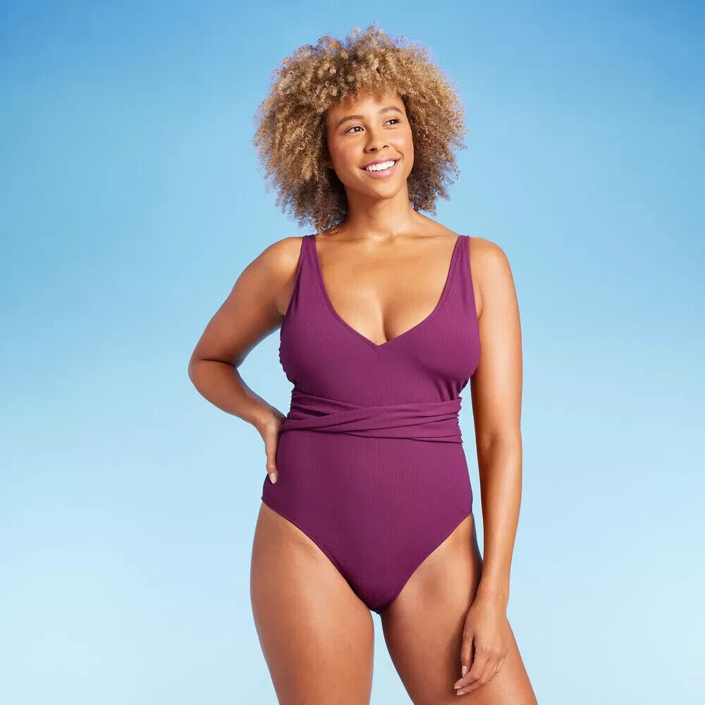 Women's Ribbed Plunge Twist-Front One Piece Swimsuit Shade & Shore Purple XL