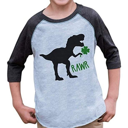 7 ate 9 Apparel Kids Dinosaur St. Patricks Day Grey Raglan 12 Months