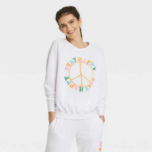Women's Stay Happy Graphic Sweatshirt White XXL