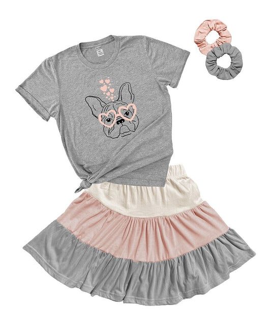 Urban Smalls Heather Gray & Pink French Bulldog Heart Glasses Tee Set Size 8Y