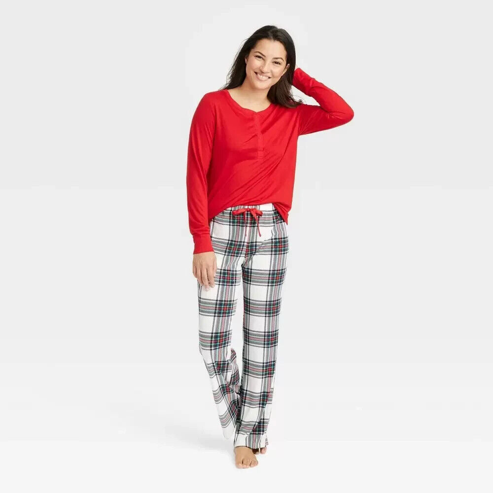 Women's Henley Top and Pants Pajama Set - Stars Above White Tartan L