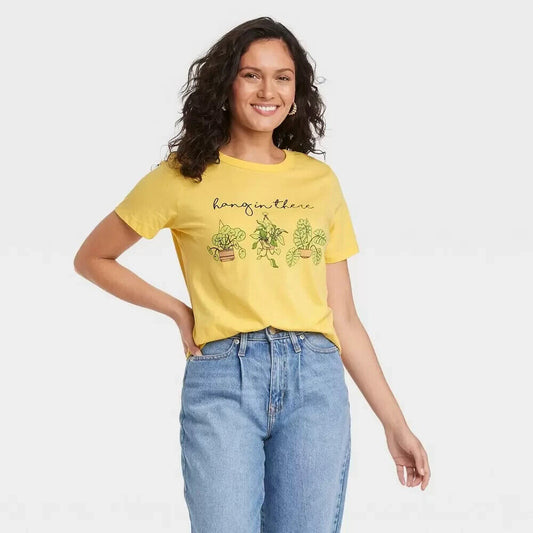 Women's Hang In There Plants Short Sleeve Graphic T-Shirt - Yellow XXL