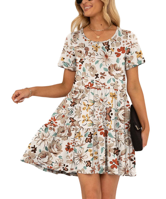 SAKURAFINA White & Brown Floral Short-Sleeve Tiered A-Line Dress Size 2X