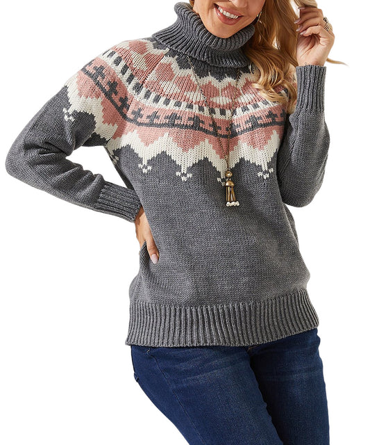 Suzanne Betro Heather Charcol & Dusty Pink Fair Isle Turtleneck Sweater SizeL/XL