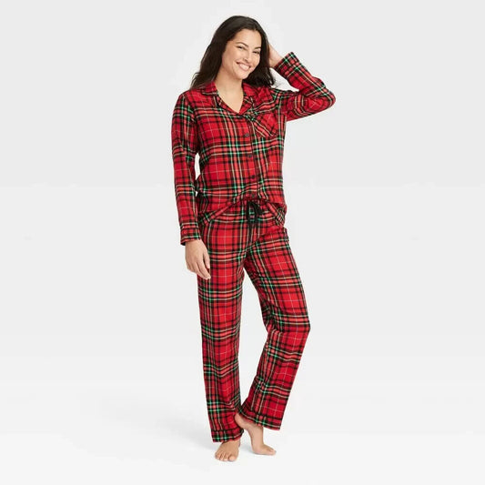 Women's Holiday Tartan Plaid Flannel Matching Family Pajama Set Red XXL