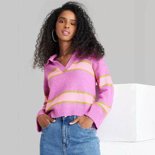Women's Slouchy Collared Pullover Sweater - Wild Fable Purple Striped XS