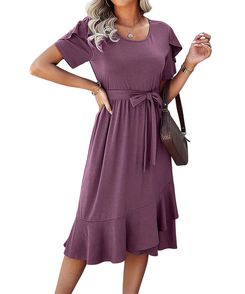Elings Purple Tulip-Sleeve Ruffle-Hem Midi Dress - Women Size M