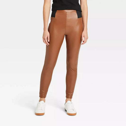 Women's Faux Leather Leggings - A New Day Brown L