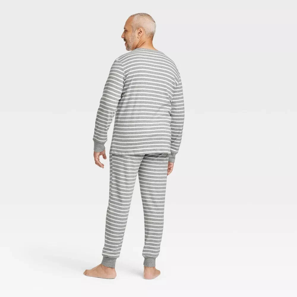 Men's Striped 100% Cotton Matching Pajama Set - Gray L