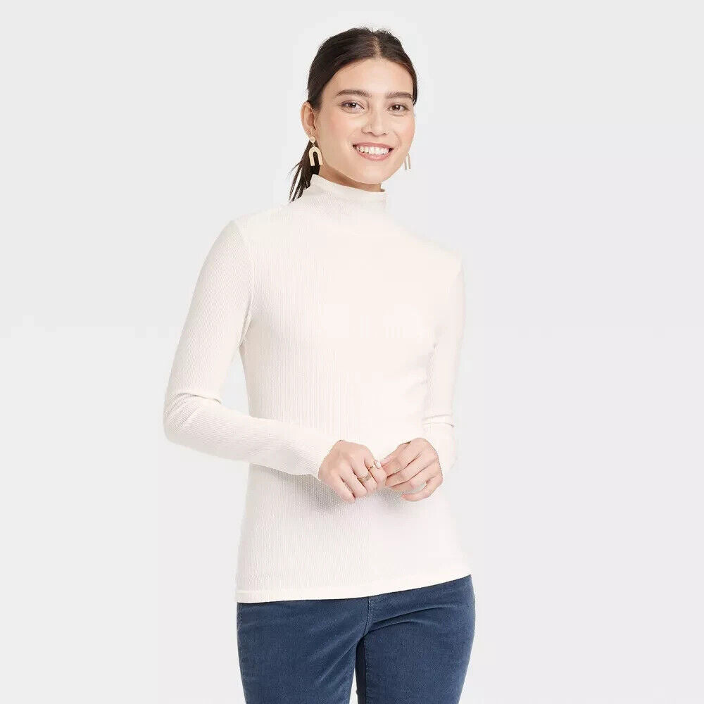 Women's Long Sleeve Waffle Knit Mock Turtleneck Slim Fit T-Shirt S