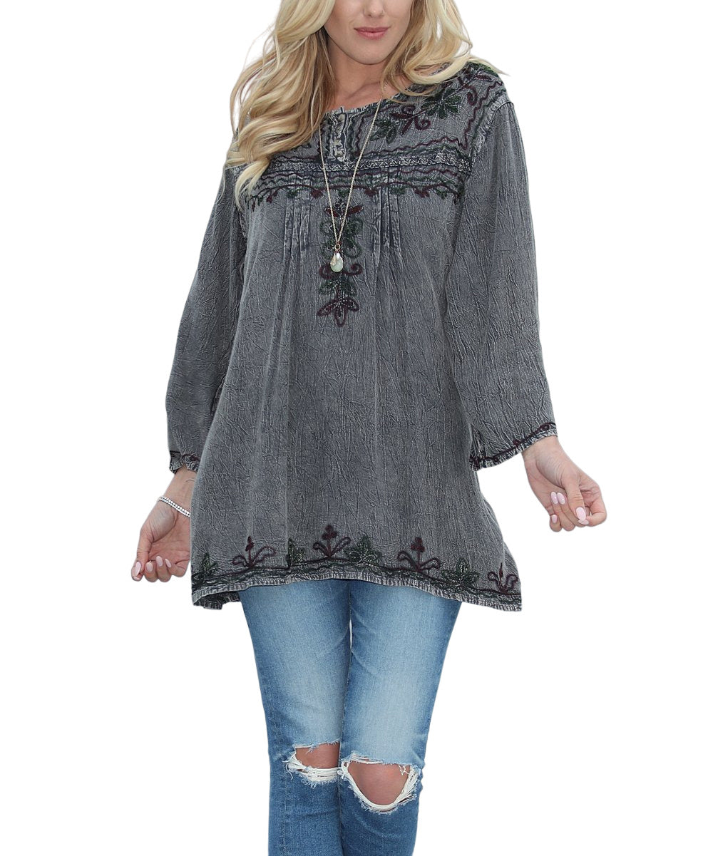 Gray & Dark Green Floral Embroidered Button Up Tunic Size (one size)