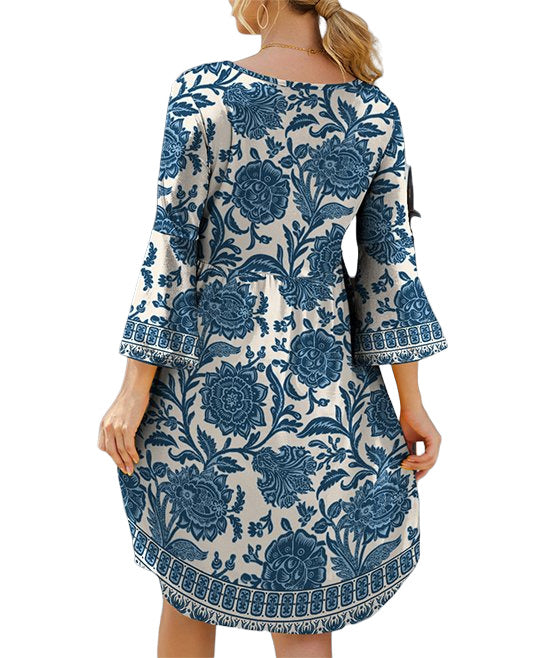 IZURIA Blue Floral Three-Quarter Bell-Sleeve Empire-Waist Dress Size 3X