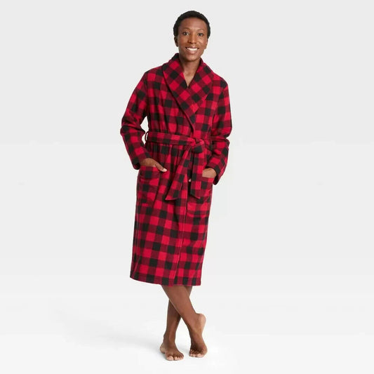 Adult Holiday Buffalo Check Plaid Fleece Matching Family Pajama Robe - Small