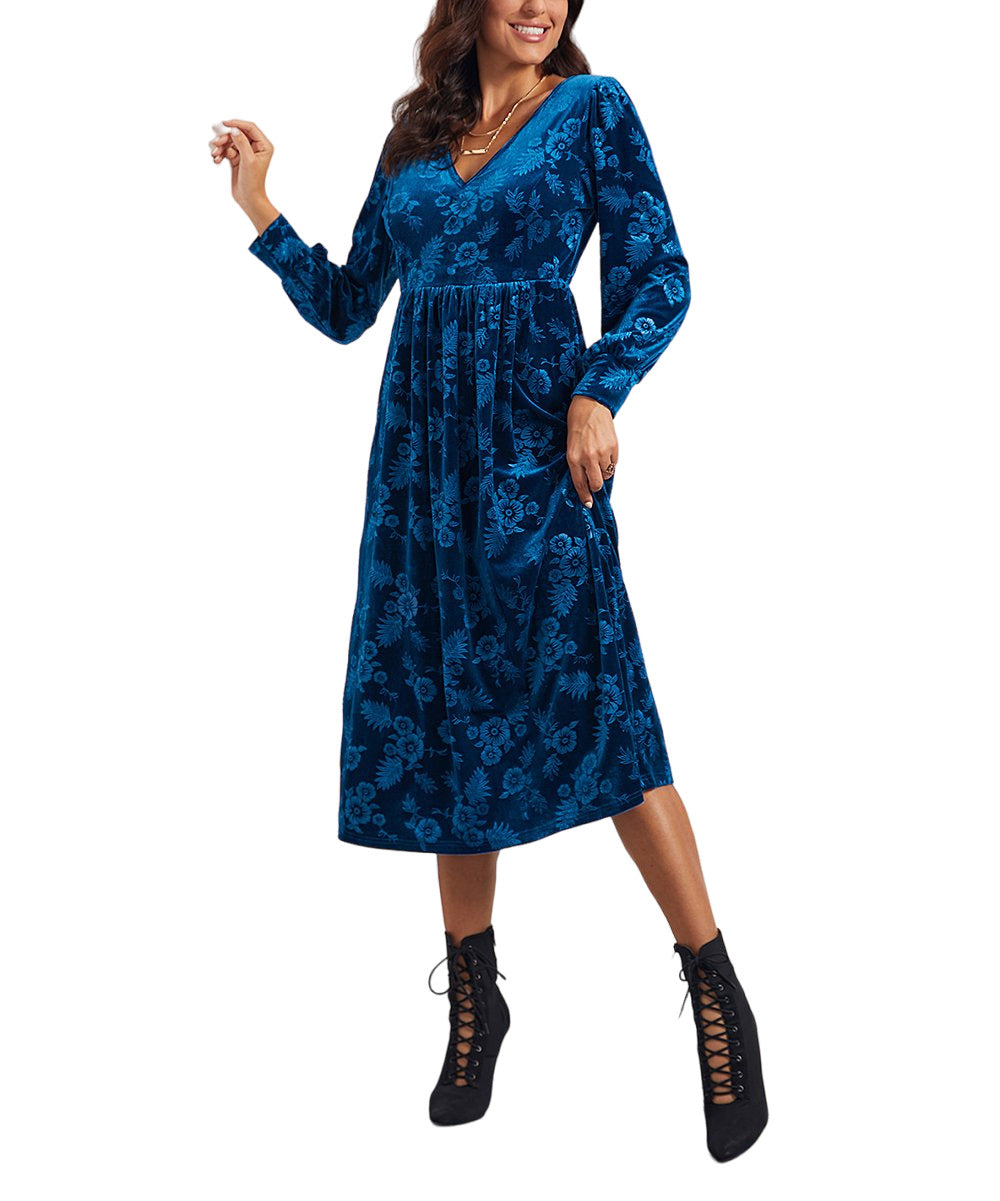 Suzanne Betro Dresses Blue Floral V Neck Midi Dress Size 2X