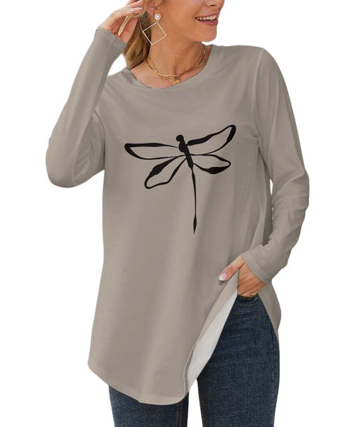 Taupe & Black Dragonfly Long-Sleeve Tunic size 1X