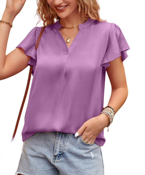 Camisa Purple Pleated Detail Butterfly Sleeve Notch Neck Top Size S