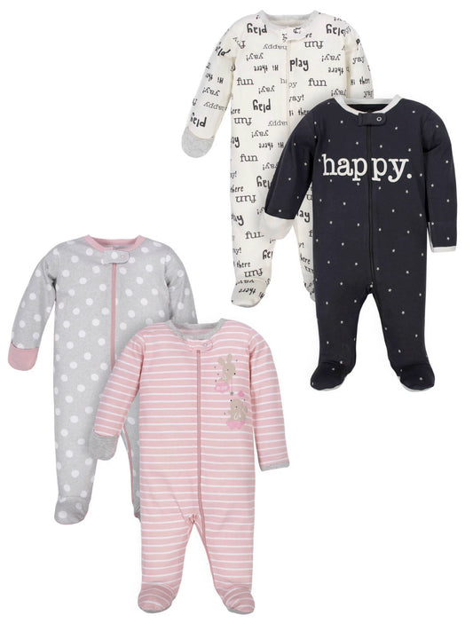 Wonder Nation Baby Girl Zip-up Sleep 'N Play Footed Pajamas, 4-Pack Size:3-6 Mth