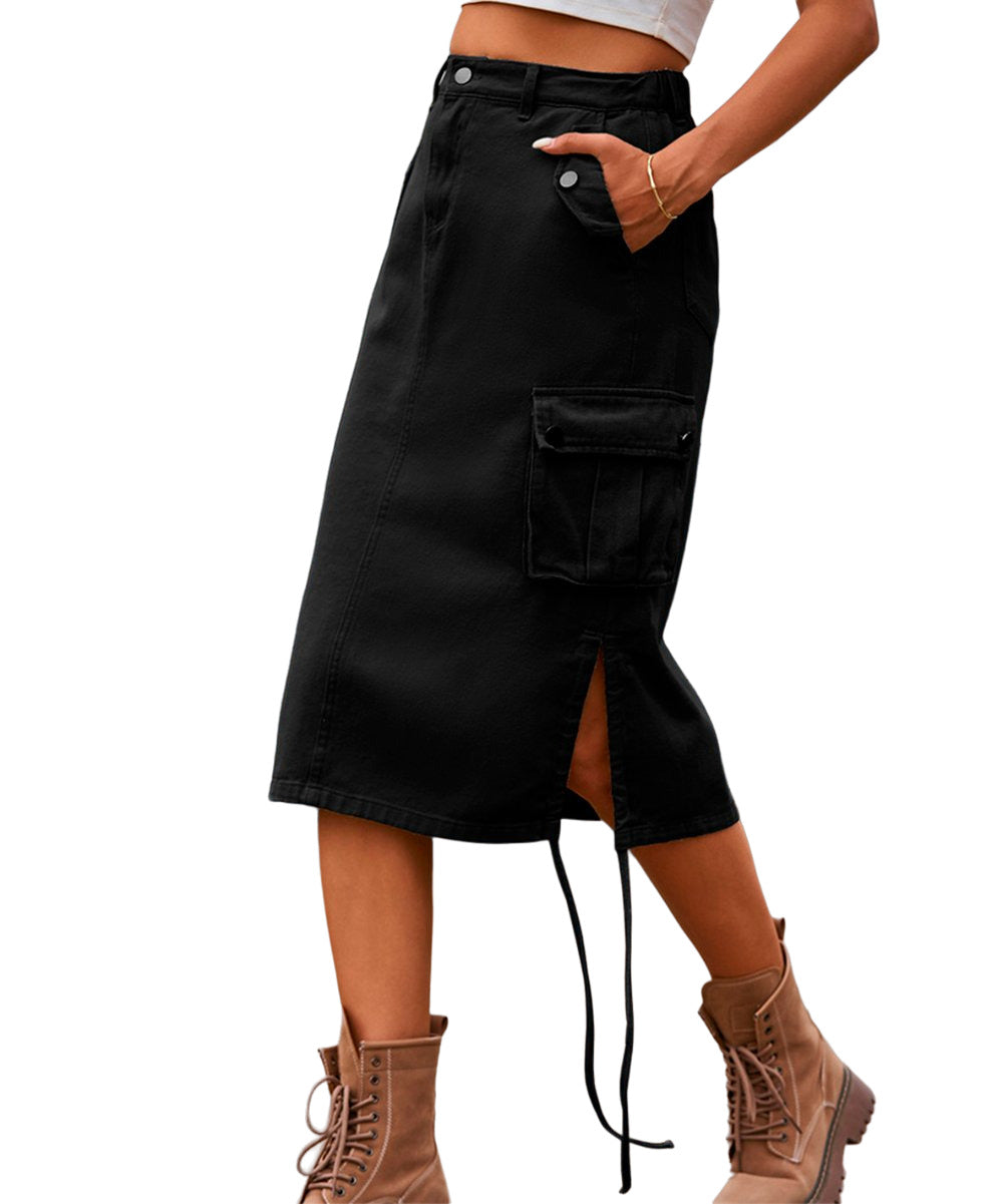 La Mode Black Side Tie A Line Denim Skirt Size XXL