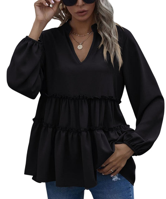 La Mode Black Tiered Puff-Sleeve Notch Neck Top Size XL