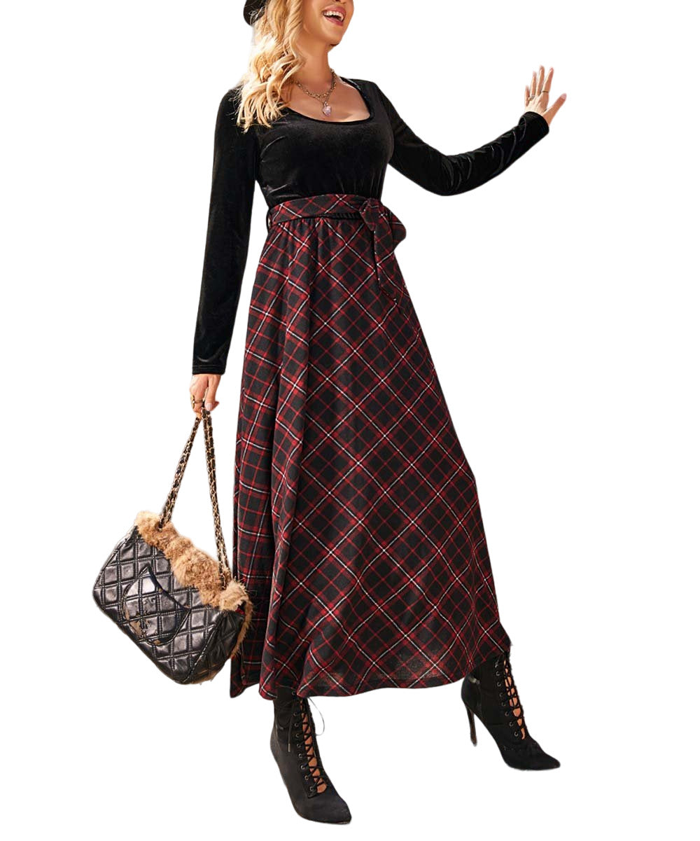 Suzanne Betro Dresses Black & Red Plaid Maxi Dress Size M