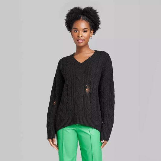 Women's V-Neck Destructed Pullover Sweater - Wild Fable Black S