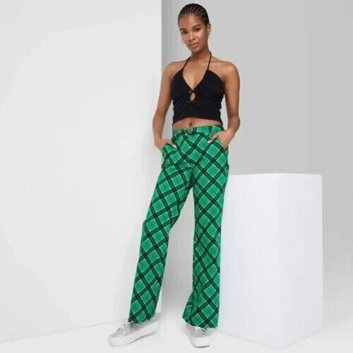 Womens Low Rise Flare Chino Pants Wild Fable Emerald Green Plaid 10